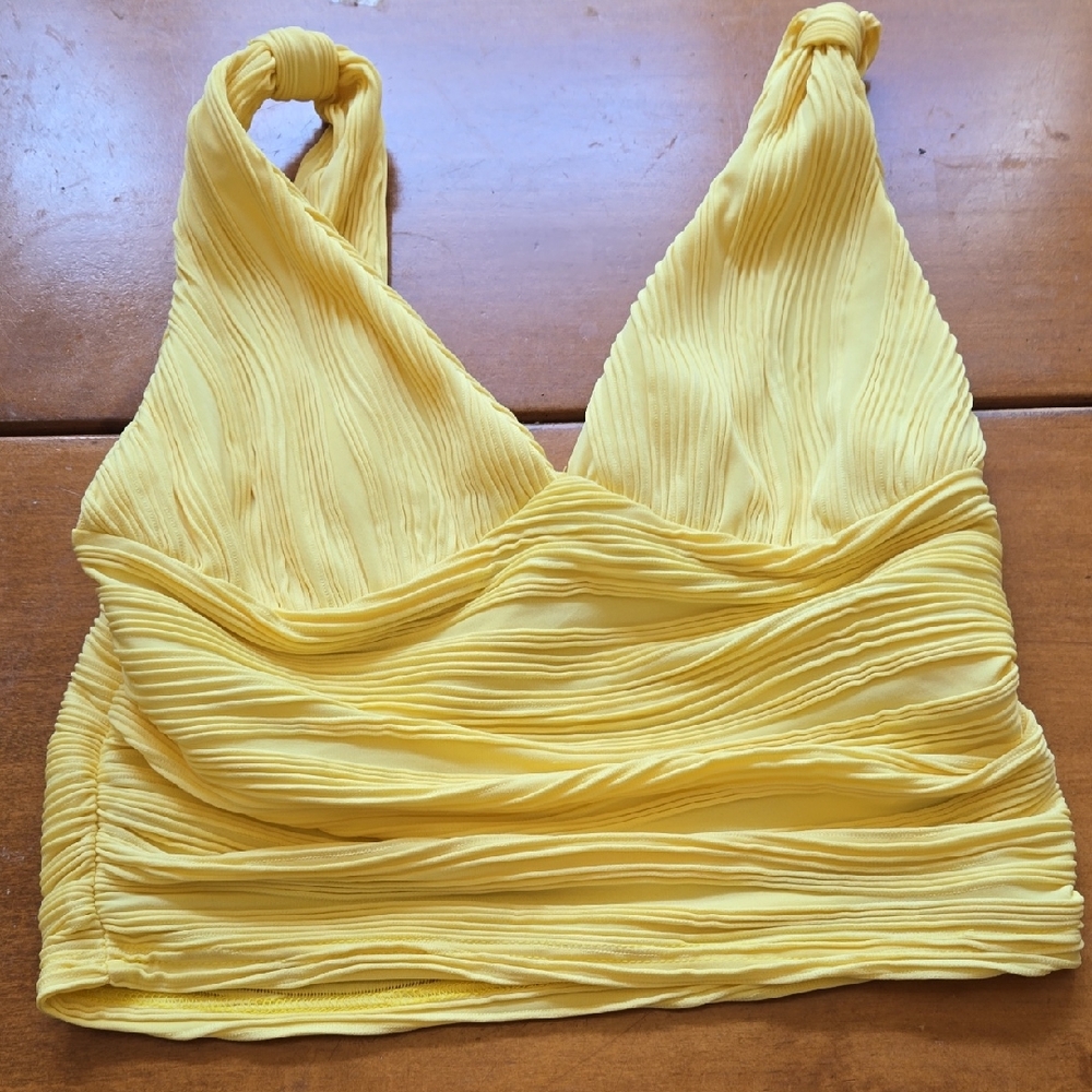 Sunny Yellow Pleated V-Neck Women’s Tank Top